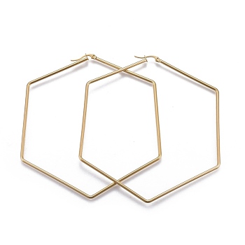 201 Stainless Steel Hoop Earrings, with 304 Stainless Steel Pin, Hexagon, Golden, 12 Gauge, 95x84x2mm, Pin: 0.8mm