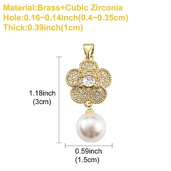 1Pc Rack Plating Brass Micro Pave Cubic Zirconia Pendants, with Plastic Bead, Long-Lasting Plated, Cadmium Free & Lead Free, Flower Charms, Real 18K Gold Plated, 30x15x10mm, Hole: 4x3.5mm