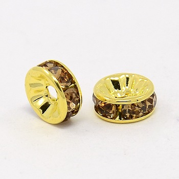 Brass Grade A Rhinestone Spacer Beads, Golden Plated, Rondelle, Nickel Free, Lt.Col.Topaz, 10x4mm, Hole: 2mm