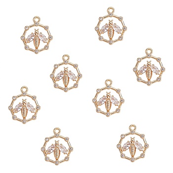 Brass Micro Pave Cubic Zirconia Pendants, Octagon with Bee, Real 18K Gold Plated, 19x16x3.5mm, Hole: 1.8mm, 8pcs/box