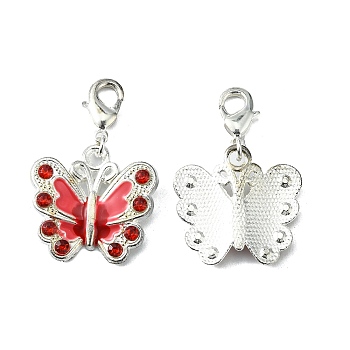 Silver Plated Alloy Enamel Rhinestone Pendants, with Brass Finding, Butterfly, Red, 33mm