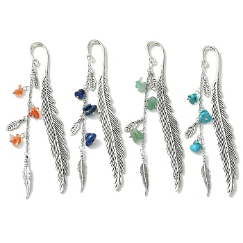 4Pcs 4 Style Gemstone Chip Beaded Tassel Pendant Bookmarks, Alloy Feather Bookmarks, Mixed Color, 115mm, 1pc/style