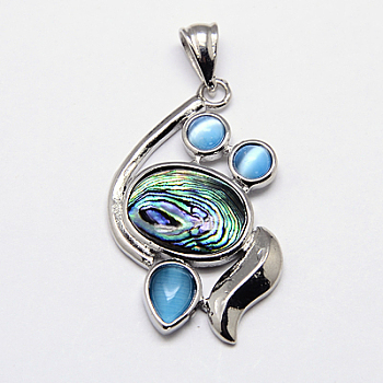 Abalone Shell/Paua Shell Pendants, with Brass Pendant Settings and Cat Eye Cabochons, Oval, Platinum Metal Color, Colorful, 39x26x4.5mm, Hole: 7x4mm