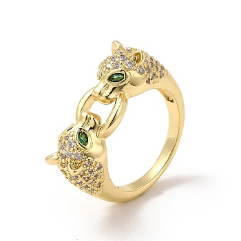 Green Cubic Zirconia Leopard Finger Ring, Brass Jewelry for Women, Cadmium Free & Lead Free, Real 18K Gold Plated, Inner Diameter: 17mm