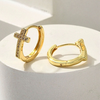 Brass Clear Cubic Zirconia Hoop Earrings, Cross, Real 18K Gold Plated, 16x7mm