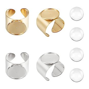 4Pcs 2 Colors 304 Stainless Steel Open Cuff Finger Ring Cabochon Settings, Bezel Cup Ring Settings, Flat Round, Golden & Stainless Steel Color, Inner Diameter: 17mm, Tray: 17mm, 2Pcs/color