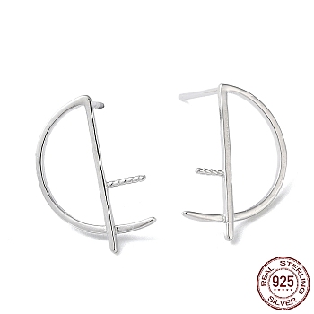 Rhodium Plated 925 Sterling Silver Stud Earring Findings, Half Round, for Half Drilled Beads, with S925 Stamp, Real Platinum Plated, 17x11mm, Pin: 11x0.9mm and 0.8mm