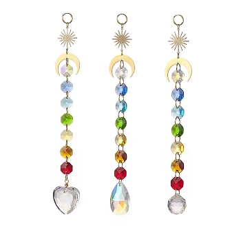 AB Color Glass Heart Teardrop Round Hanging Suncatcher Pendant Decoration, with Glass Octagon Bead and Brass Sun & Moon Link, for Home Decorations, Mixed Color, 206~223mm, 3pcs/set