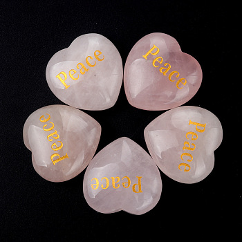 Natural Rose Quartz Display Decorations, Home Decoration, Heart with Word Peace, 30x30x13mm