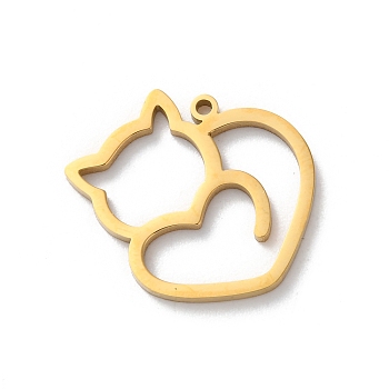 304 Stainless Steel Pendants, Laser Cut, Cat Charm, Real 18K Gold Plated, 19x17.5x1.5mm, Hole: 1.2mm