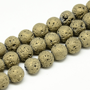 Electroplate Natural Lava Rock Beads Strands, Matte Style, Round, Light Gold Plated, 6~7mm, Hole: 1mm, about 60pcs/strand, 14.7~15.1 inch