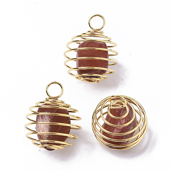 Iron Wrap-around Spiral Bead Cage Pendants, with Natural Red Jasper Beads inside, Round, Golden, 21x24~26mm, Hole: 5mm