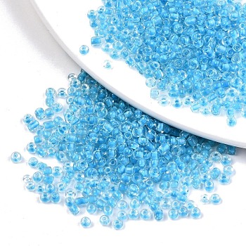 8/0 Glass Seed Beads, Transparent Inside Colours, Round Hole, Round, Deep Sky Blue, 8/0, 3~4x2~3mm, Hole: 0.8mm, about 15000pcs/bag