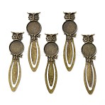 Iron Bookmark Cabochon Settings, Cadmium Free & Nickel Free & Lead Free, with Alloy Tray, Flat Round with Owl, Antique Bronze, 88x23x4mm, Tray: 20mm(PALLOY-N0084-20AB-NF)