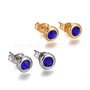 304 Stainless Steel Stud Earrings, with Cubic Zirconia and Ear Nuts, Flat Round, Blue, Mixed Color, 6.5mm, Pin: 0.7mm, 6pairs/card(EJEW-L251-B04)