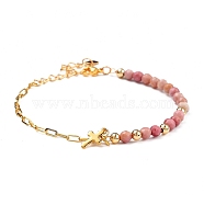 Charm Bracelets, with Natural Rhodochrosite Beads, 304 Stainless Steel Cross Charms, Brass Paperclip Chains & Round Beads, 7-5/8 inch(19.3cm)(X-BJEW-JB05336-01)