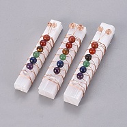 Chakra Jewelry, Natural Selenite Home Decorations, Energy Wands, for Meditation Yoga and Balancing, with Brass Wire Wrapped and Natural Gemstone Round Beads, Rectangle, 75~95x10~15x7~14mm(G-L520-H01)