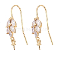 Brass Micro Pave Cubic Zirconia Earring Hooks, for Half Drilled Beads, Long-Lasting Plated, Leaf, Clear, Real 18K Gold Plated, 24mm, Pin: 0.7mm(X-KK-K244-40G)