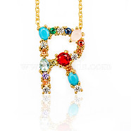 Golden Brass Micro Pave Cubic Zirconia Initial Pendants Necklaces, with Cable Chains, Colorful, Letter, Letter.R, 17.9~18.1 inch(45.5~46cm)x1.5mm, LetterR: 20x14x6mm(NJEW-S069-JN002-R)