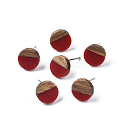 Opaque Resin & Walnut Wood Stud Earrings, with 316 Stainless Steel Pins, Flat Round, Dark Red, 10mm, Pin: 0.7mm(EJEW-N017-008-B02)