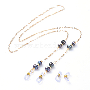 Brass Eyeglass Cable Chains, Eyewear Retainer Chains, with Freshwater Pearl Beads and Eyeglass Holders, Prussian Blue, 755x4mm(AJEW-EH00016-02)
