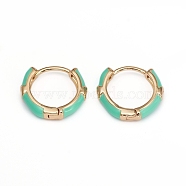 Brass Micro Pave Clear Cubic Zirconia Huggie Hoop Earrings, with Enamel, Medium Turquoise, 16x3mm, Pin: 1mm(EJEW-I240-02E)