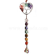 Chakra Theme Natural Gemstone Big Pendant Decorations, with Random Color Hand Knitting Cord and Stone Chips Tassel, Heart with Tree of Life, Silver, 35cm(HJEW-PW0001-004E-S)