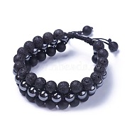 Adjustable Non-Magnetic Synthetic Hematite Braided Bead Bracelets, with Natural Lava Rock, Natural Black Agate Beads and Nylon Cord, 2-3/8 inch~3 inch(5.9~7.8cm)(BJEW-I273-E02)