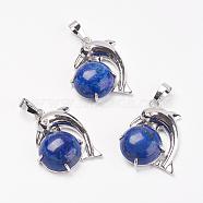 Dyed Natural Lapis Lazuli Pendants, with Brass Findings, Dolphin, Platinum, 30x23x8mm, Hole: 5x8mm(G-G713-A04)