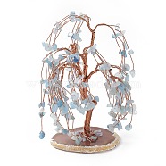 Natural Aquamarine Tree Display Decoration, Agate Slice Base Feng Shui Ornament for Wealth, Luck, Rose Gold Brass Wires Wrapped, 64~95x75~125x140~170mm(DJEW-G027-20RG-04)