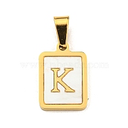 PVD Vacuum Plating 304 Stainless Steel Pave Natural White Shell Pendants, Rectangle with Letter Charms, Golden, Letter K, 17.5x12x1.5mm, Hole: 6x3mm(STAS-S130-03G-K)