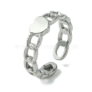 304 Stainless Steel Open Cuff Ring, Heart, Stainless Steel Color, US Size 6 3/4(17.1mm)(RJEW-L110-026P)