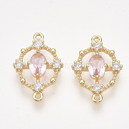 Brass Cubic Zirconia Links, Real 18K Gold Plated, Nickel Free, Oval, Pink, 17.5x12x2.5mm, Hole: 1mm(KK-T038-550D-NF)