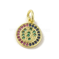 Brass Micro Pave Cubic Zirconia Charms, Real 18K Gold Plated, Flat Round Charms, Colorful, 12x10x1mm, Hole: 3mm(KK-M283-25C-02)