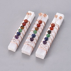 Chakra Jewelry, Natural Selenite Home Decorations, with Brass Wire Wrapped and Natural Gemstone Round Beads, Rectangle, 75~90x10~15x7~14mm(G-L520-H01)