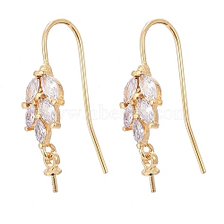Brass Micro Pave Cubic Zirconia Earring Hooks, for Half Drilled Beads, Long-Lasting Plated, Leaf, Clear, Real 18K Gold Plated, 24mm, Pin: 0.7mm(X-KK-K244-40G)
