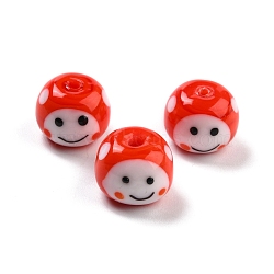 Handmade Lampwork Beads, Rondelle with Smile, Orange Red, 11x13.5mm, Hole: 1.3~2.3mm(LAMP-I024-23B)
