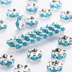Brass Rhinestone Spacer Beads, Grade A, Blue Rhinestone, Silver Color Plated, Nickel Free, about 8mm in diameter, 3.8mm thick, hole: 1.5mm(RSB030NF-13)