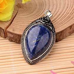 Teardrop Brass Natural Lapis Lazuli Pendants, 48x27x10mm, Hole: 6x3.5mm(X-G-F265-04B)