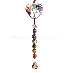 Chakra Theme Natural Gemstone Big Pendant Decorations, with Random Color Hand Knitting Cord and Stone Chips Tassel, Heart with Tree of Life, Silver, 35cm(HJEW-PW0001-004E-S)