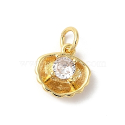 Rack Plating Brass Clear Cubic Zirconia Charms, with Jump Ring, Long-Lasting Plated, Cadmium Free & Lead Free, Sea Shell, Real 18K Gold Plated, 14x10x4mm, Hole: 3mm(KK-Z056-29G)