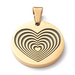 Ion Plating(IP) 304 Stainless Steel Pendants, with Enamel, Polishing, Flat Round with Heart, Golden, 25x3mm, Hole: 7.5x5mm(STAS-Z027-03A-G)