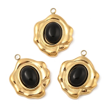 Natural Black Onyx(Dyed & Heated) Pendants, 304 Stainless Steel Oval Charms, Real 18K Gold Plated, PVD Vacuum Plating, 24x19x7.5mm, Hole: 2mm