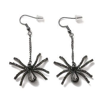 Halloween Alloy Dangle Earrings, with Glass Rhinstone, Spider, Gunmetal, 63x30.5mm