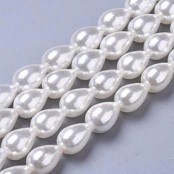 Polished Shell Pearl Beads Strands, Teardrop, White, 10.5x7.5mm, Hole: 0.7mm, about 37pcs/strand, 15.9 inch(40.5cm)