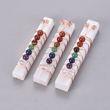 Chakra Jewelry, Natural Selenite Home Decorations, Energy Wands, for Meditation Yoga and Balancing, with Brass Wire Wrapped and Natural Gemstone Round Beads, Rectangle, 75~95x10~15x7~14mm