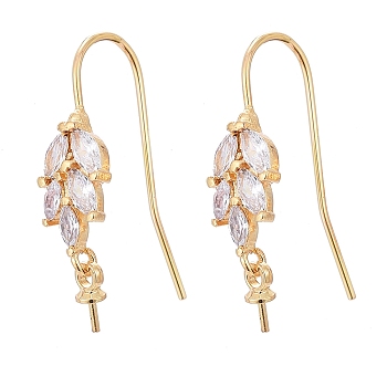 Brass Micro Pave Cubic Zirconia Earring Hooks, for Half Drilled Beads, Long-Lasting Plated, Leaf, Clear, Real 18K Gold Plated, 24mm, Pin: 0.7mm