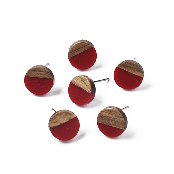 Opaque Resin & Walnut Wood Stud Earrings, with 316 Stainless Steel Pins, Flat Round, Dark Red, 10mm, Pin: 0.7mm