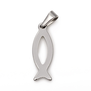 304 Stainless Steel Pendants, Jesus Fish/ Christian Ichthys Ichthus, for Easter, Stainless Steel Color, 26.5x9x1.5mm, Hole: 3x6mm
