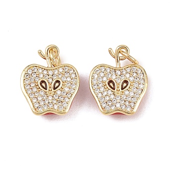 Brass Micro Pave Cubic Zirconia Pendants, Apple Charms, with Enamel, Rack Plating, Long-Lasting Plated, Cadmium Free & Lead Free, Real 18K Gold Plated, 15.5x12.5x5mm, Jump Ring: 5x1mm, Inner Diameter: 3mm